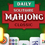 Yeşil bir arka plan üzerinde, Daily Solitaire Mahjong Classic yazısı ve çiçek motifleri ile çevrelenmiş renkli taşlar