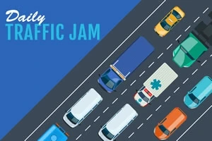 Trafikte sıkışmış çeşitli araçlar ve sağ üst köşede Daily Traffic Jam yazısı