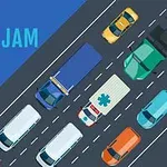 Trafikte sıkışmış çeşitli araçlar ve sağ üst köşede Daily Traffic Jam yazısı