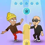 İki karikatür karakteri, dans ederken farklı pozlarda duruyor; biri sarı bere ve kırmızı pantolon giyiyor, diğeri siyah gözlük ve siyah kıyafetler giymiş, yukarıda beş yıldız ve mavi tonlarındaki bir arka plan görülüyor