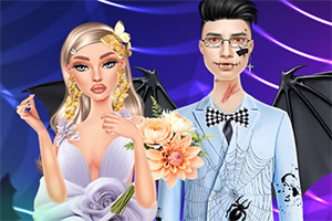 Mor arka plan önünde, gelinlikli sarışın bir kadın ve yarasa kanatlı, gözlüklü, smokinli bir erkek yan yana duruyor