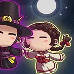 Gece vakti tam ay ışığı altında geleneksel kıyafetler giymiş çizgi karakterler