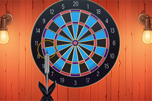 Turuncu ahşap duvar önünde, üzerinde üç ok bulunan bir dart tahtası