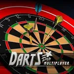 Hedef tahtasına saplanmış üç dart oku ve üzerinde Darts Pro Multiplayer metni