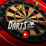 Kırmızı kenarlıklı bir dart tahtasına saplanmış oklar ve ortada Darts Pro yazısı