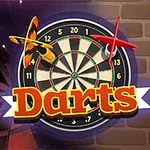 Dart tahtası üzerinde kanatlı bir ok ve kırmızı dart ile merkezde büyük Darts yazısı bulunan görsel