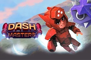 Kırmızı zırhlı bir karakterin uçarken yanında mor bir çivili top ve DASH MASTERS yazısı bulunuyor