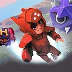 Kırmızı zırhlı bir karakterin uçarken yanında mor bir çivili top ve DASH MASTERS yazısı bulunuyor