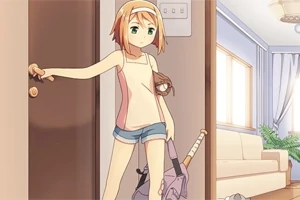 Odada kapıyı açan, elinde beyzbol sopası çantası taşıyan kısa saçlı anime kızı