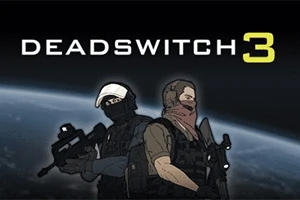 Deadswitch 3 İki silahlı karakter, karanlık bir arka plan önünde duruyor ve üst kısmında büyük beyaz ve sarı harflerle DEADSWITCH 3 yazıyor