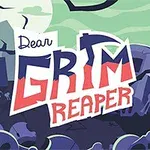 Yeşil tonlarında bir arka plan üzerinde, karikatür tarzında mezar taşları ve gece yarısını andıran bir manzarada büyük harflerle yazılmış Dear Grim Reaper yazısı