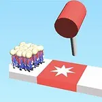 Mavi ve kırmızı renkte çok sayıda karakterin bulunduğu platformun üzerinde büyük bir kırmızı tokmak