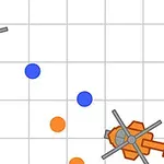 Mavi ve turuncu helikopterlerin karşılaştığı, beyaz ızgara zemin üzerinde mavi ve turuncu dairelerin bulunduğu basit grafik tasarımı
