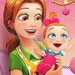 Genç bir kadın, kucağında mutlu bir bebek ile pembe kalplerin önünde duran bir çizim