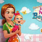 Mutlu bir kadın, pembe tulumlu sevimli bir bebeği kucaklayarak bulut ve koyun desenli arka plan önünde bulunuyor