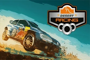 Kum fırtınasında hızla ilerleyen, yarış aksesuarları bulunan bir araba ve yanında Desert Racing logosu