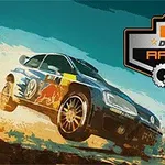 Kum fırtınasında hızla ilerleyen, yarış aksesuarları bulunan bir araba ve yanında Desert Racing logosu