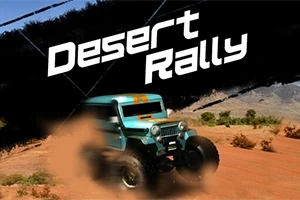 Tozlu bir yolda hızla ilerleyen mavi arazi aracı ve üzerinde Desert Rally yazısı