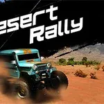 Tozlu bir yolda hızla ilerleyen mavi arazi aracı ve üzerinde Desert Rally yazısı