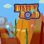 Çöl manzarasında kaktüslerle çevrili bir yolda mavi renkli bir top ve dağların üzerinde Desert Road yazısı