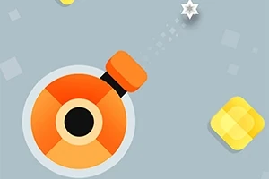 Turuncu ve siyah detaylara sahip bir top, gri arka plan üzerinde ateş ederek küçük bir yıldız şekline doğru yönelmiş, yanı sıra sarı kare unsurlar var