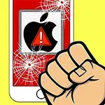 Kırık ekran efektiyle kırmızı uyarı simgesi olan bir akıllı telefon ve önünde sıkılı bir yumruk