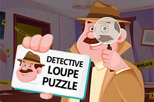 Dedektif şapkalı bir adam elinde büyüteç tutarak diğer eliyle üzerinde Detective Loupe Puzzle yazan bir kart gösteriyor