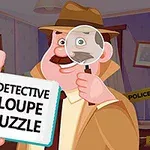 Dedektif şapkalı bir adam elinde büyüteç tutarak diğer eliyle üzerinde Detective Loupe Puzzle yazan bir kart gösteriyor