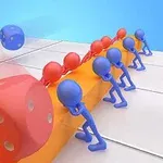 Kırmızı ve mavi insan figürleri, büyük bir zarın etrafında sıralanmış, hareketli ve renkli bir sahne