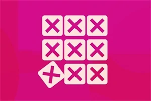 Pembe arka plan üzerinde, dokuz kare içine yerleştirilmiş beyaz bir kare ızgarasında çarpı işaretleri ve bir tanesi eğik olarak dizilmiştir