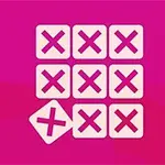 Pembe arka plan üzerinde, dokuz kare içine yerleştirilmiş beyaz bir kare ızgarasında çarpı işaretleri ve bir tanesi eğik olarak dizilmiştir