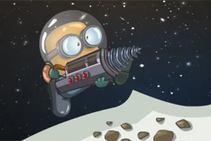 Uzayda, astronot kıyafeti giymiş minyon karakter, elinde delici bir makineyle uzay yüzeyinde