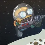 Uzayda, astronot kıyafeti giymiş minyon karakter, elinde delici bir makineyle uzay yüzeyinde