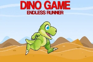 Yeşil bir dinozorun çölde koşturduğu bir sahne, üst kısımda büyük kırmızı harflerle Dino Game Endless Runner yazısı bulunuyor