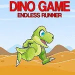 Yeşil bir dinozorun çölde koşturduğu bir sahne, üst kısımda büyük kırmızı harflerle Dino Game Endless Runner yazısı bulunuyor