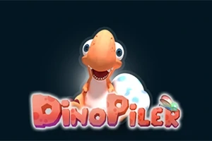 Turuncu bir dinozor, üzerinde DinoPiler yazan renkli bir metin ve arka planda mavi-beyaz benekli bir yumurta