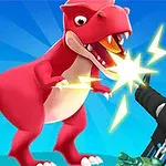 Kırmızı bir dinozor, ağzından yıldırımlar çıkararak bir silahla karşı karşıya