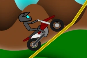 Kasklı bir figür, sarı çizgili dik bir yokuşta kırmızı bir motosikletle tırmanıyor