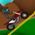 Kasklı bir figür, sarı çizgili dik bir yokuşta kırmızı bir motosikletle tırmanıyor