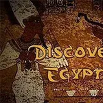 Antik Mısır temalı duvar resminin üzerinde Discover Egypt yazısı bulunuyor