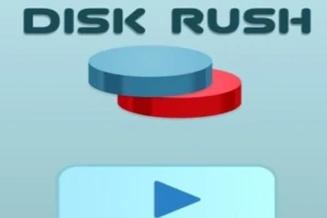 Disk Rush yazısı üzerinde mavi ve kırmızı disklerle, altında bir oynat düğmesi bulunan sade bir grafik