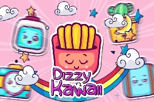 Renkli bir arka plan üzerinde bulutlarla çevrili, mutlu yüz ifadelerine sahip kawaii tarzı çizimlerle süslenmiş patates kızartması, kutu ve gökkuşağı figürleri
