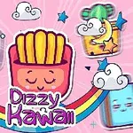 Renkli bir arka plan üzerinde bulutlarla çevrili, mutlu yüz ifadelerine sahip kawaii tarzı çizimlerle süslenmiş patates kızartması, kutu ve gökkuşağı figürleri