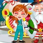 Noel Baba kıyafeti giymiş yaşlı bir adam, sağlık görevlisi üniformalı genç bir kadın ve bir ren geyiği, karla kaplı bir sokakta yan yana duruyor