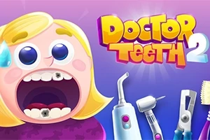 Sarışın bir çocuk ağız açık, diş muayenesi yapılacak gibi, yanında diş hekimliği aletleri ile mor arka plan önünde Doctor Teeth 2 yazısı