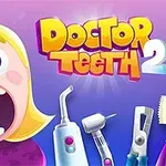 Sarışın bir çocuk ağız açık, diş muayenesi yapılacak gibi, yanında diş hekimliği aletleri ile mor arka plan önünde Doctor Teeth 2 yazısı