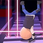Bir karakter pembe neon ışık çubuklarının önünde baş aşağı duruyor