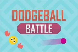 Renkli arka plan üzerinde Dodgeball Battle yazısı, gülen yüz ifadeli bir emoji ve iki el ile bir top