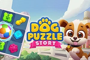 Sevimli bir köpek yavrusu, üzerinde renkli simgelerin bulunduğu mini bir bulmaca tahtası ve Dog Puzzle Story yazısı