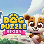 Sevimli bir köpek yavrusu, üzerinde renkli simgelerin bulunduğu mini bir bulmaca tahtası ve Dog Puzzle Story yazısı